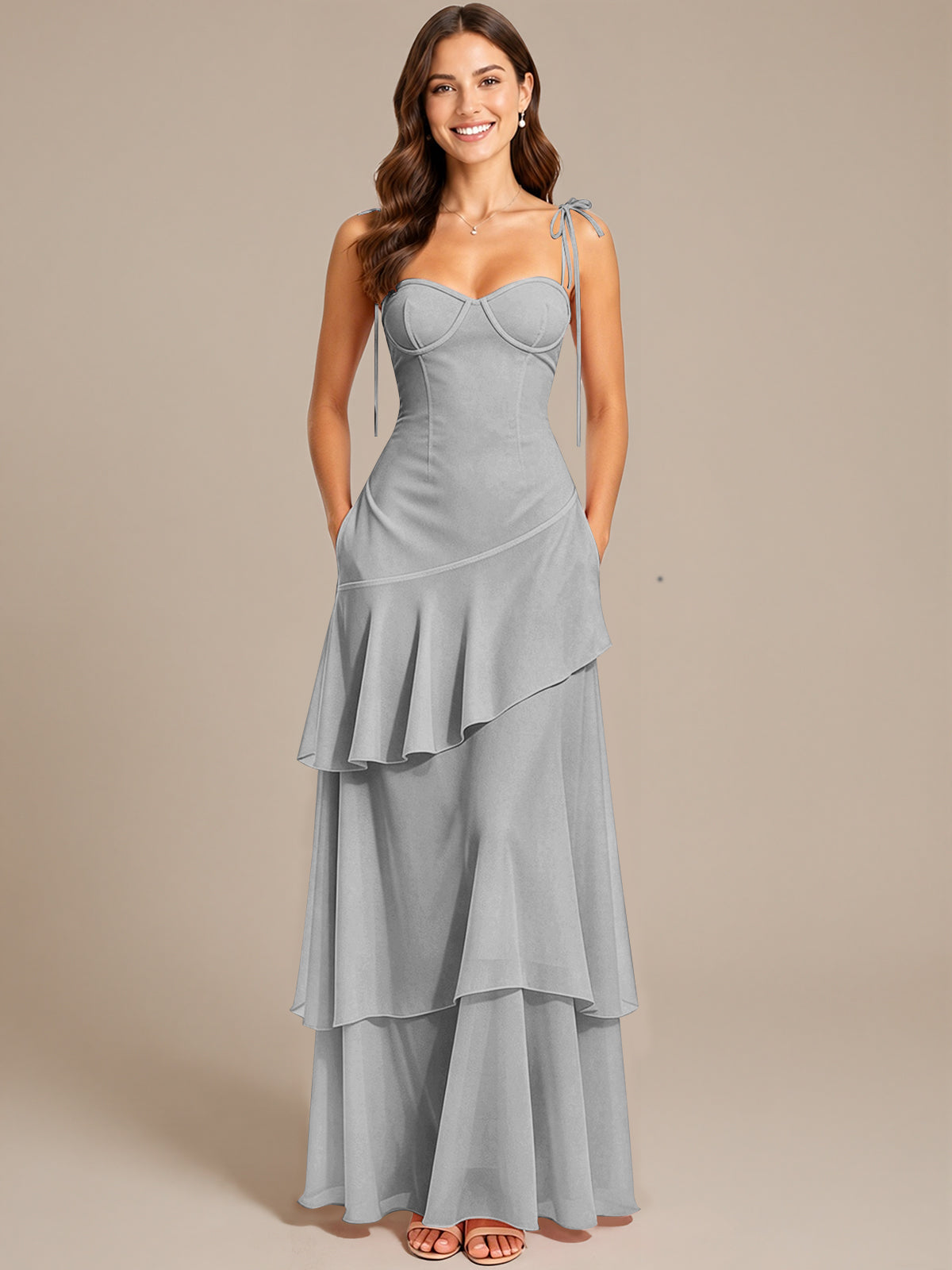 Spaghetti Strap Tiered Ruffles Chiffon Prom Dress