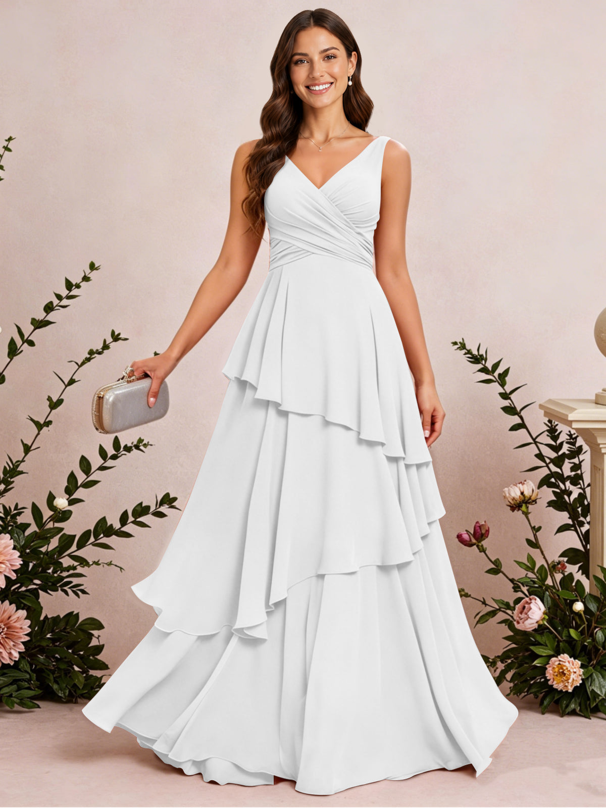 V Neck Tiered Ruffles Chiffon Long Bridesmaid Dress