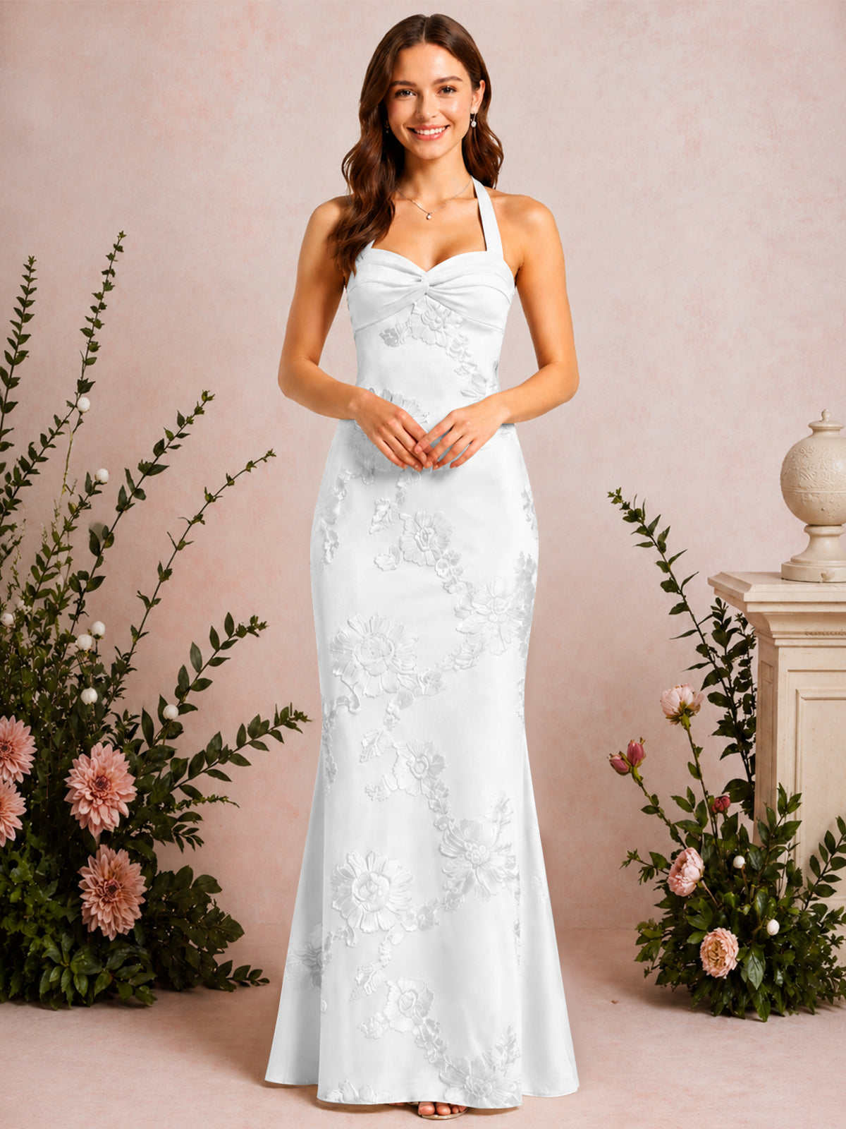 Halter Mermaid Floral Embroidery Long Prom Dress