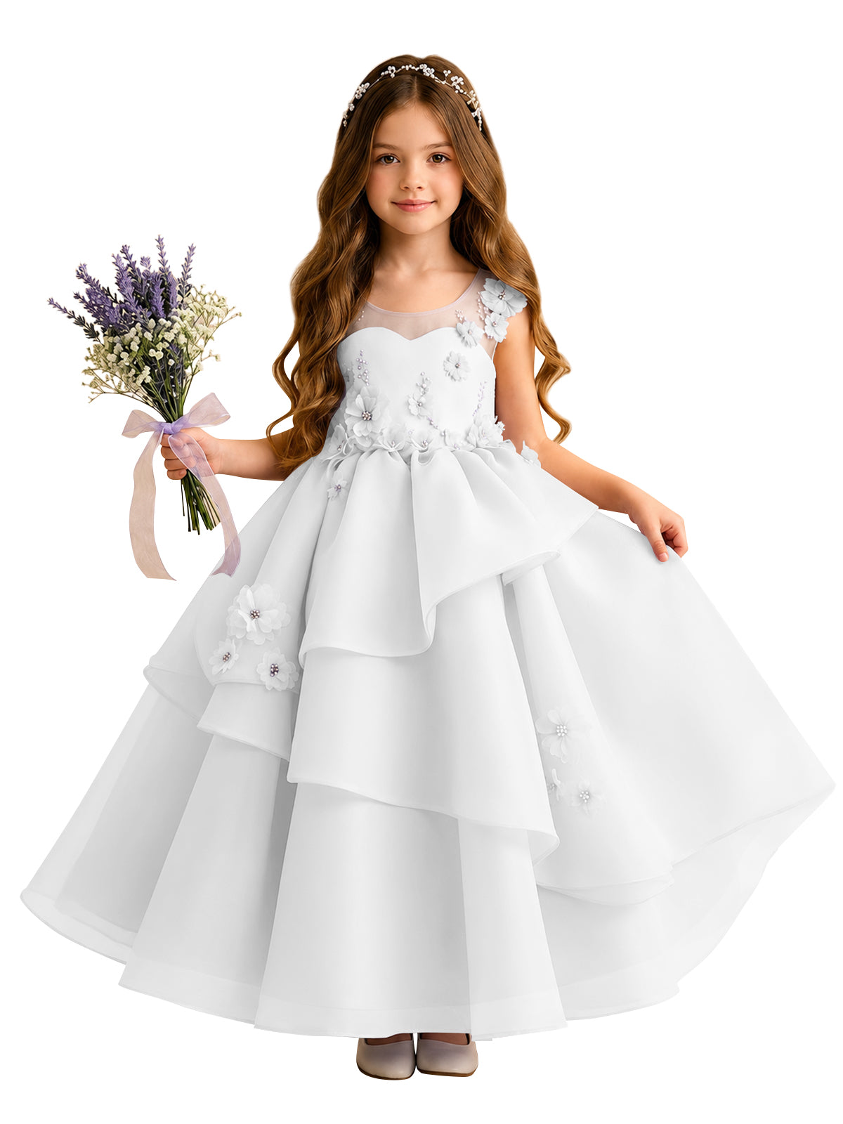 Lilac Oganza Flower Girl Dress with Sweetheart Neckline
