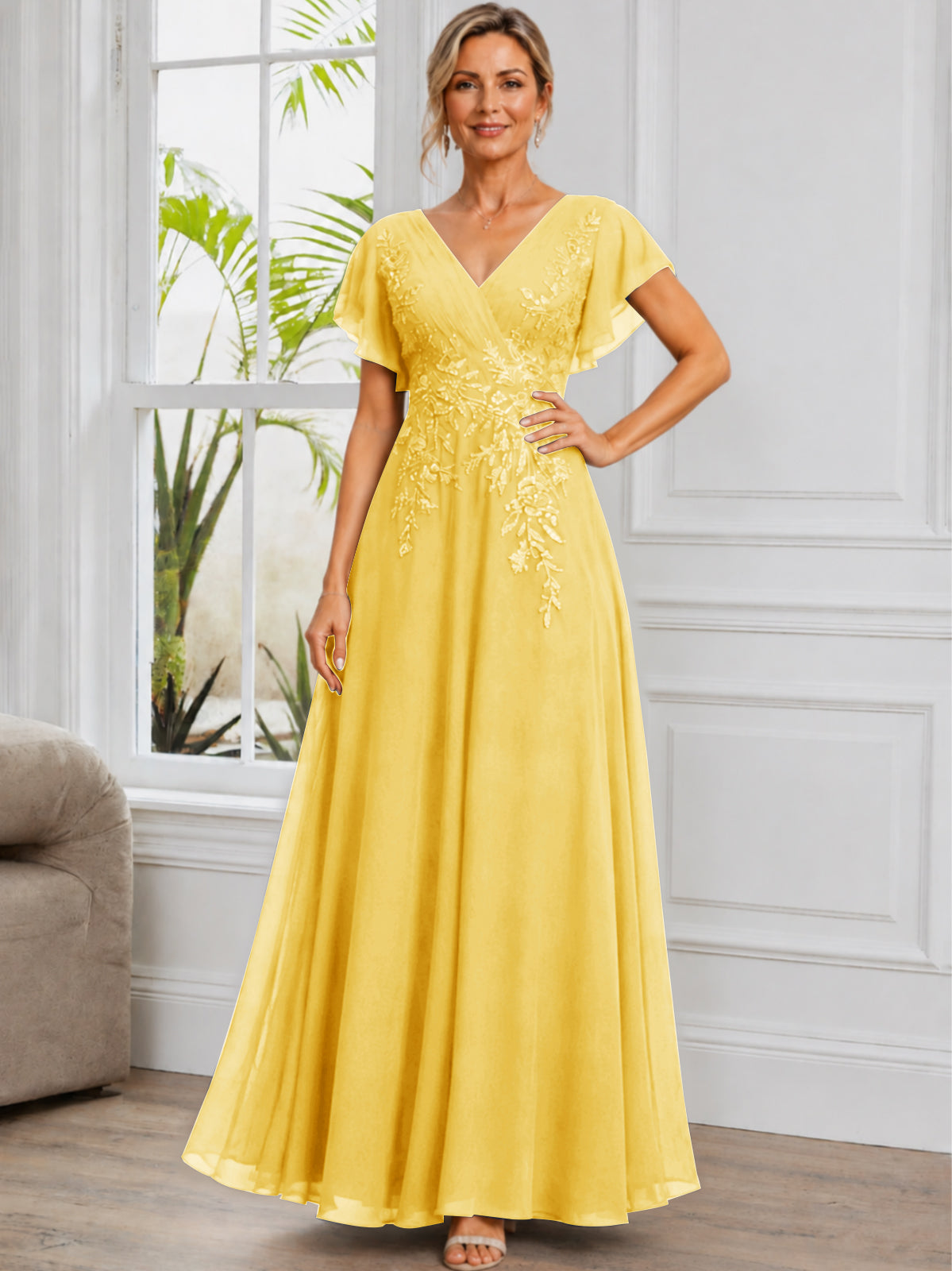 V-Neck Lace Applique Chiffon Long Mother of The Bride Dress