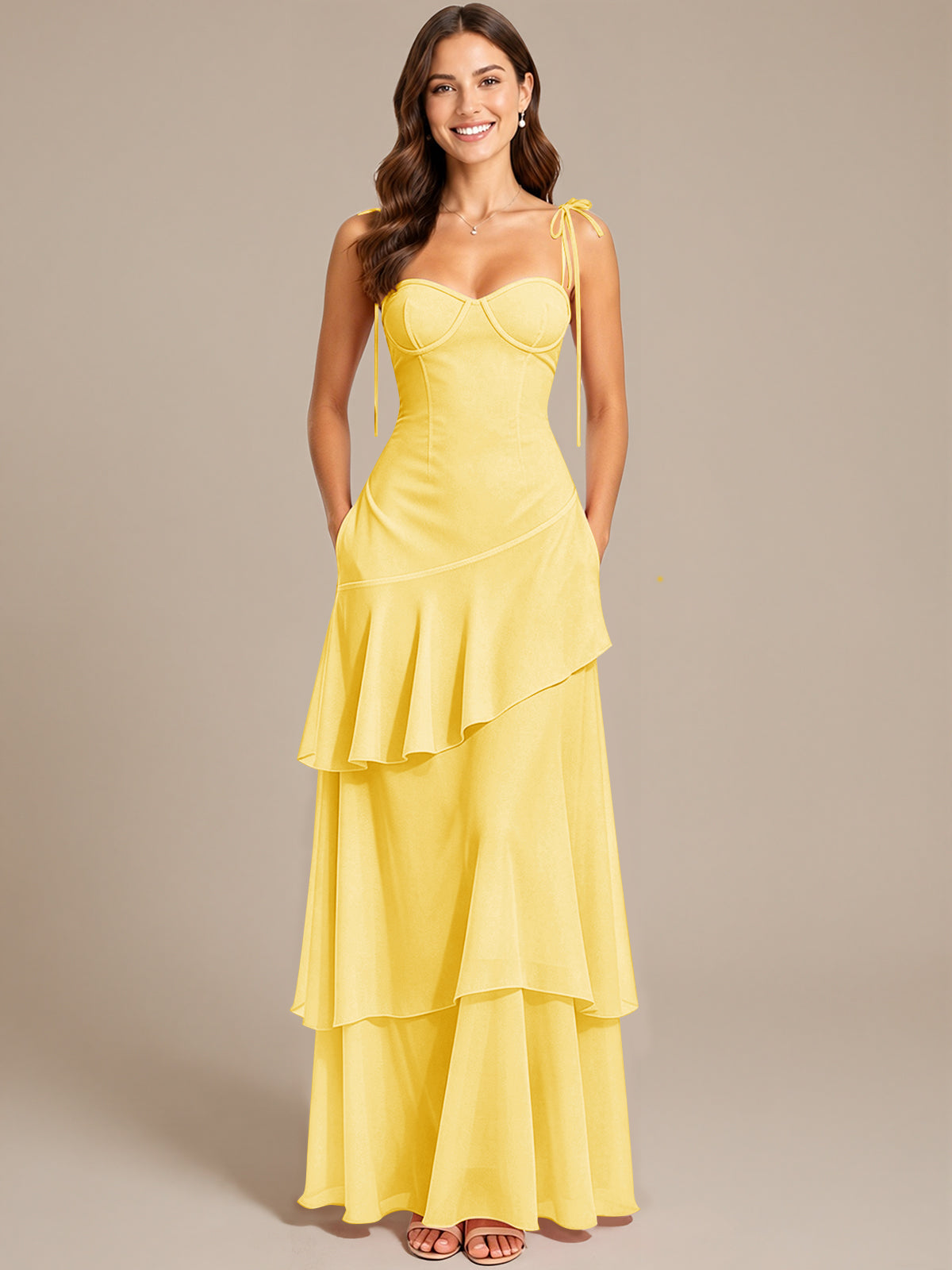 Spaghetti Strap Tiered Ruffles Chiffon Prom Dress