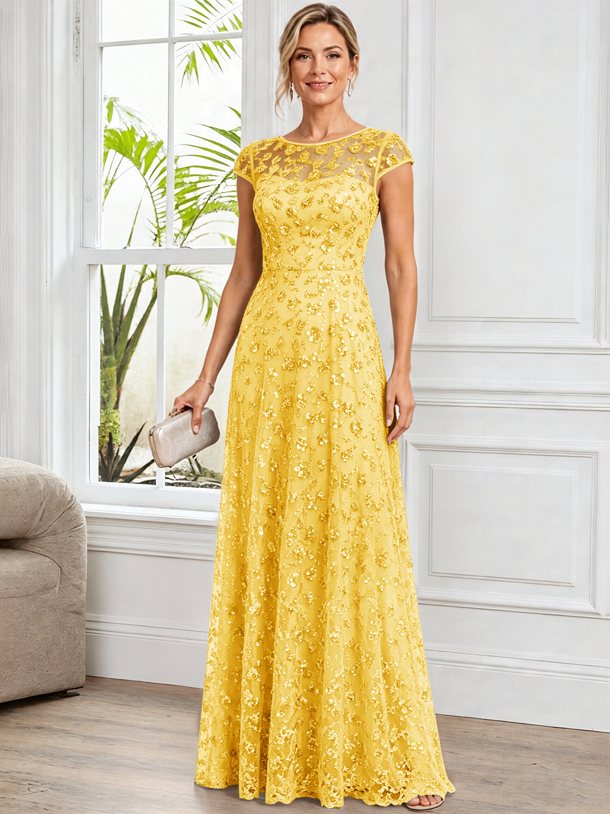 A-Line Illusion Scoop Neck Tulle Mother of The Bride Dress with Beads