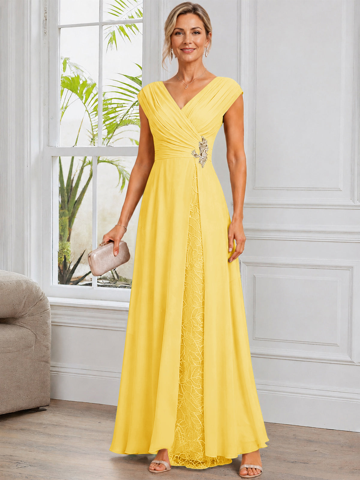Cap Sleeve Leaf Lace Chiffon Long Mother of The Bride Dress with Beads