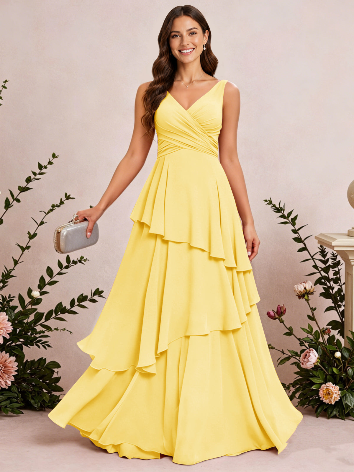 V Neck Tiered Ruffles Chiffon Long Bridesmaid Dress