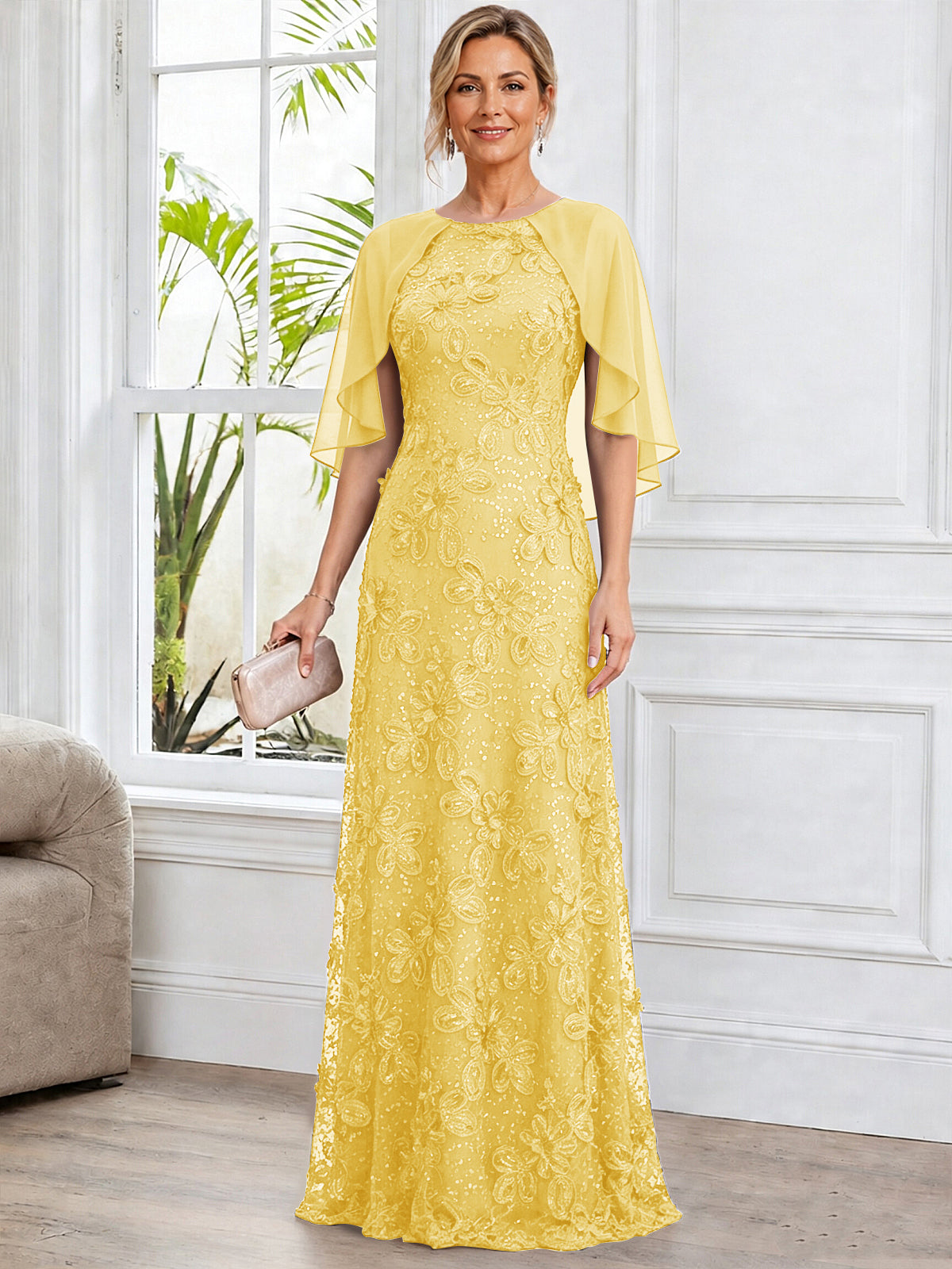 A-Line Lace Applique Scoop Neck Mother of The Bride Dress with Cape