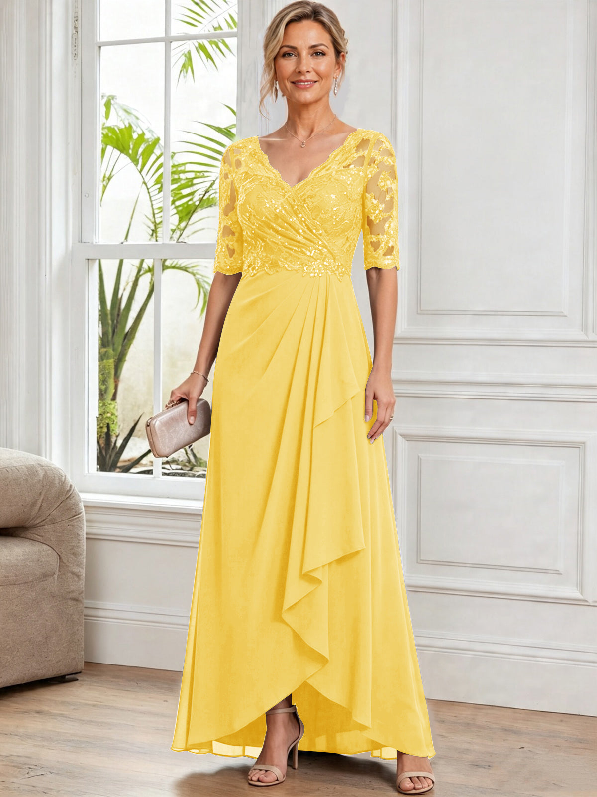 V Neck Half Sleeve Lace Applique Chiffon Mother of The Bride Dress