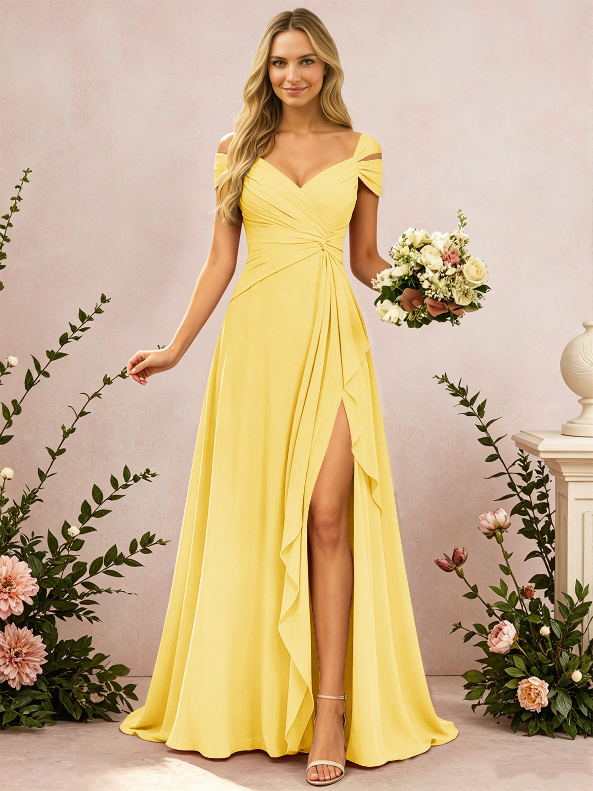Cold Shoulder Pleated Chiffon Bridesmaid Dress with Side Slit