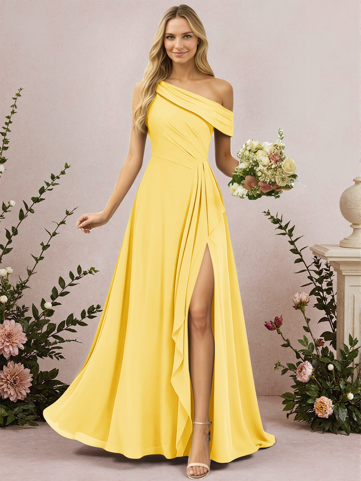 One Shoulder A-Line Chiffon Bridesmaid Dress with Slit