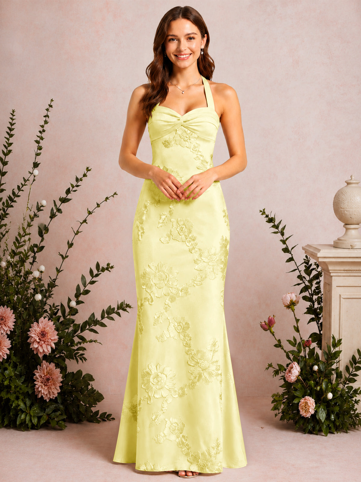Halter Mermaid Floral Embroidery Long Prom Dress
